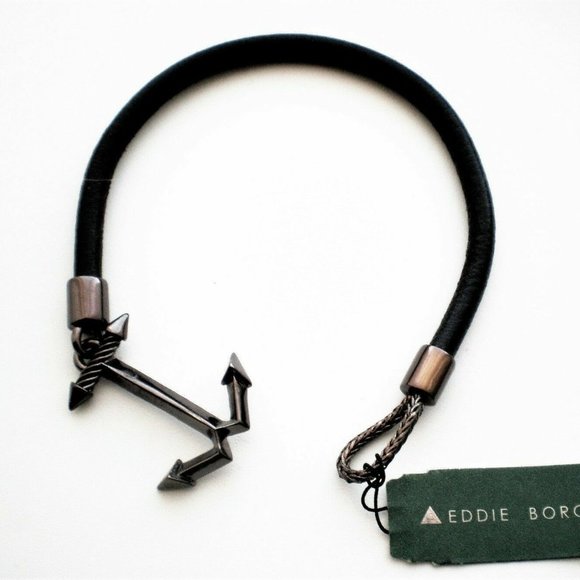 NWT EDDIE BORGO MAN Rhodium Sterling Silver Black Leather Anchor Arrow Bracelet